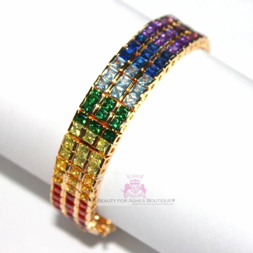 Multicolor Rainbow Yellow Gold Plated Gods Promise Triple Row Gala Bracelet 7.5